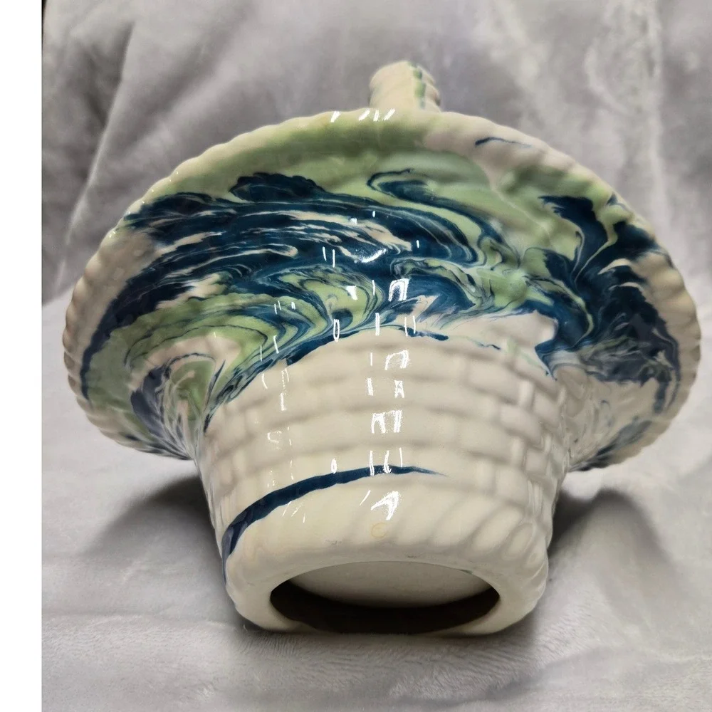 Vintage Signed Ceramic Marbled Blue Green Swirl Woven Basket Twisted Handle